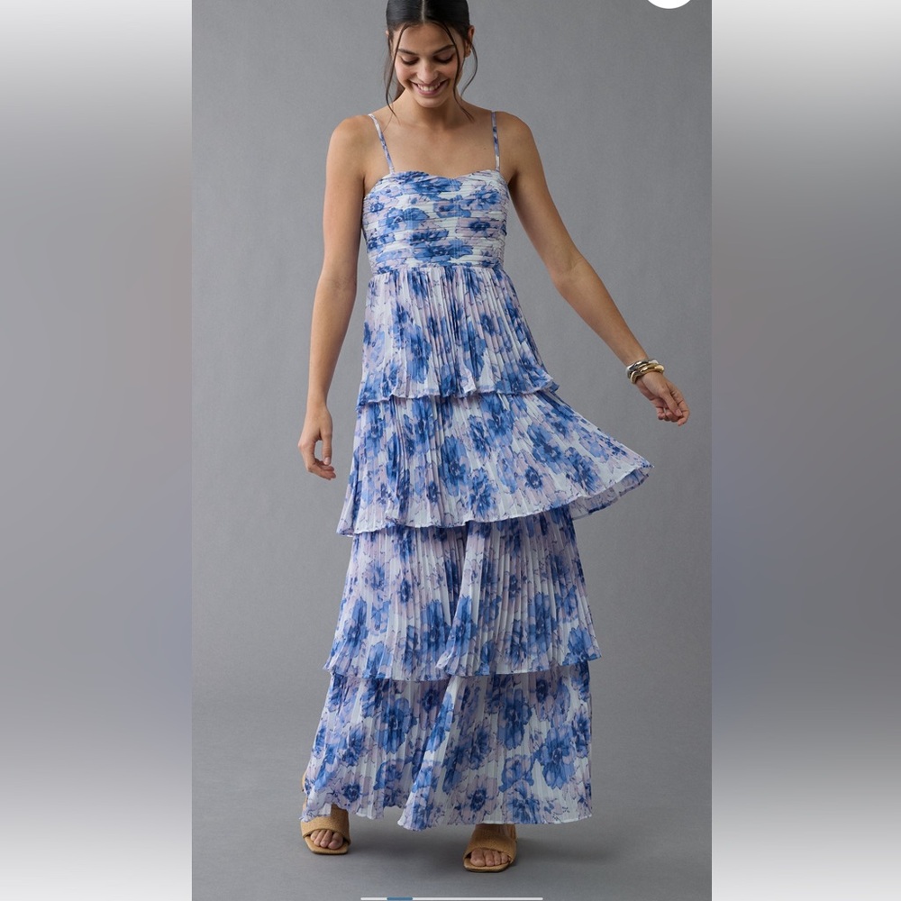 American Eagle Outfitters Blue Floral Strapless Dress
